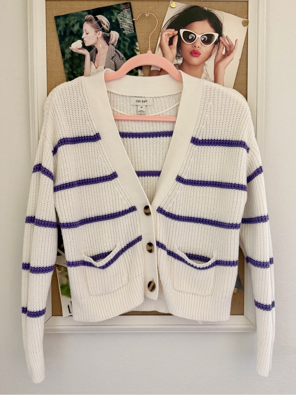 Striped Button-Front Cardigan Sweater - White with Purple Stripes